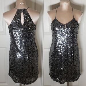 Gunmetal Gray Sequin Mini Halter Dress Sz XS